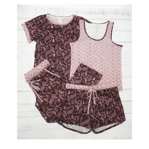 Lucky Brand Women's 4 Piece Pajama Set • Burgundy Pink Paisley • Sz XS • NWT